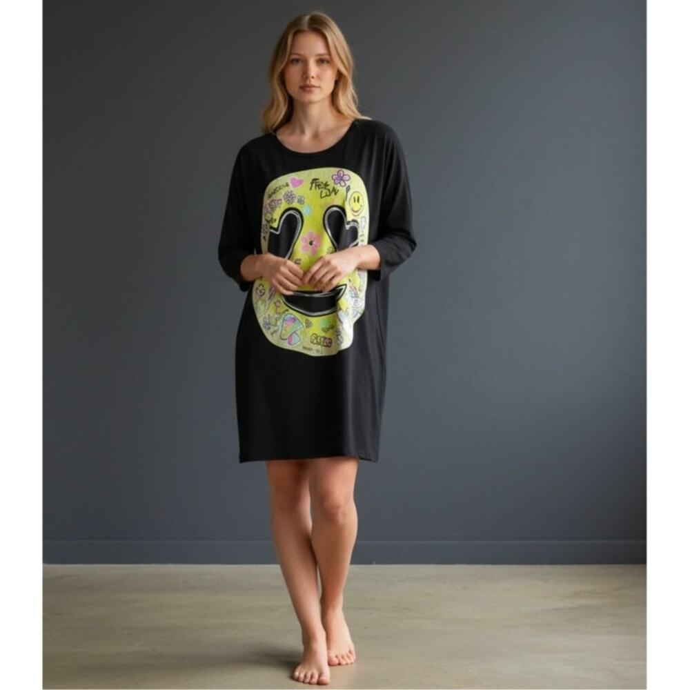 Lauren Moshi XS Black Smiley Face Graphic MicroModal T-Shirt Dress Peace Love